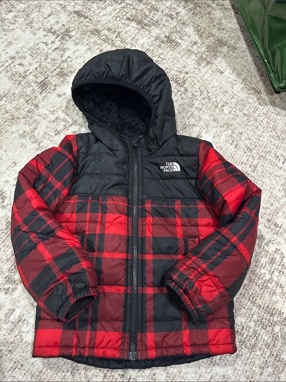 The North Face Red and Black Plaid Hooded Puffer Jacket - 5T